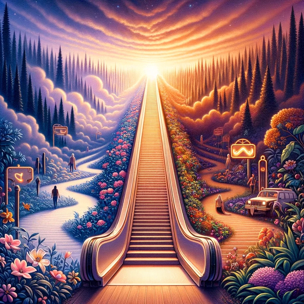 Escalator ending amidst lush trails leading into a mystical sunset forest.