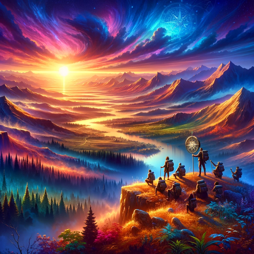 Explorers on a cliff at sunrise overlooking a majestic valley.